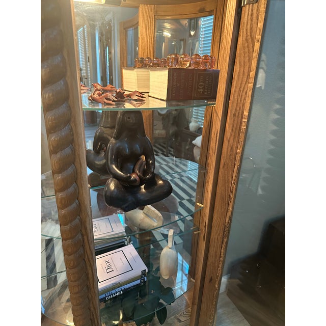Wood 1980s Oak Curved Glass Lighted Curio Cabinet For Sale - Image 7 of 10
