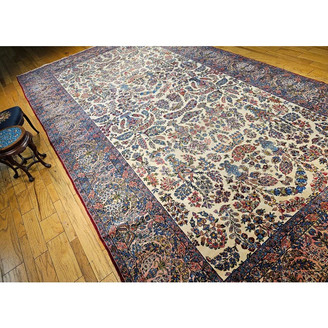 Antique Oversized Persian Kerman Lavar Rug, Hand-Knotted Wool, Allover Floral Vase Pattern, Ivory & Pink, 11’ X 20’ For Sale - Image 9 of 18