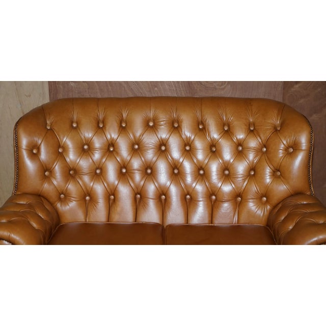 Small Wide Tan Leather Tufted Chesterfield Sofa with High Back For Sale - Image 3 of 18