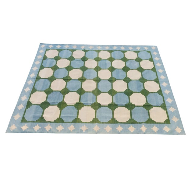 Sky Blue CUSTOM TRADE for AG - Handmade Cotton Flat Weave Reversible Box Pattern Sky Blue and Forest Green Area Rug - 10'5"x12'6" For Sale - Image 8 of 10