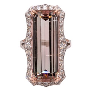 20Ct Pink Tourmaline Diamond Ring in Solid 14k Gold | 25x10mm Emerald Cut, Size 6.75 For Sale
