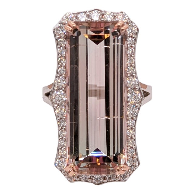 20Ct Pink Tourmaline Diamond Ring in Solid 14k Gold | 25x10mm Emerald Cut, Size 6.75 For Sale