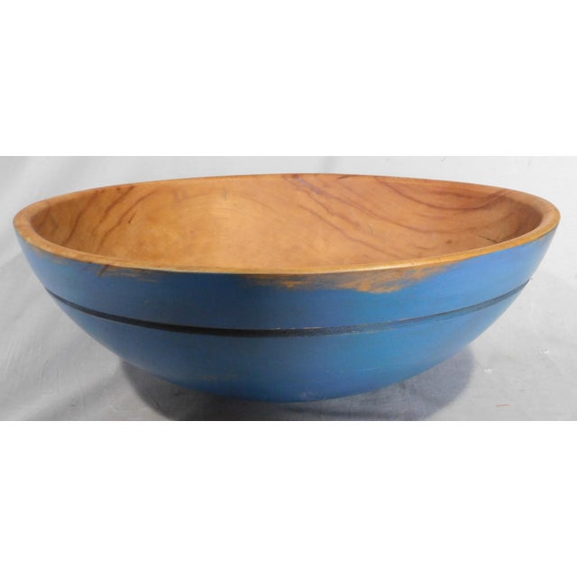 American Antique Large Chopping Bowl Original Dump Cart Blue Paint 19th C American Maple For Sale - Image 3 of 9