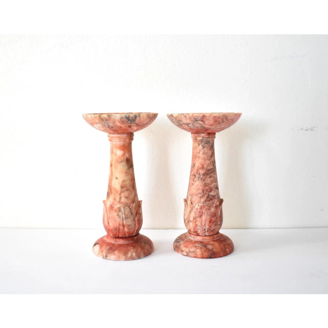 French Pair of Vintage Italian Carved Griotte Marble Candlesticks For Sale - Image 3 of 13