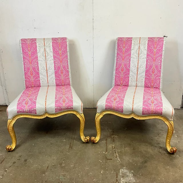 Pink Late 20th Century Pair Giltwood Kent Form Accent Chairs Newly Upholstered in Clarke & Clarke Designer Fabric For Sale - Image 8 of 15