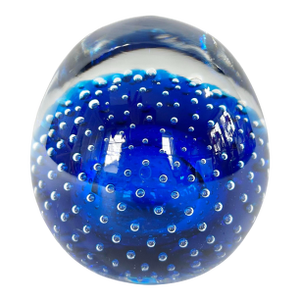 Murano-Style Cobalt Blue Art Glass Paperweight With Controlled Bubble Design