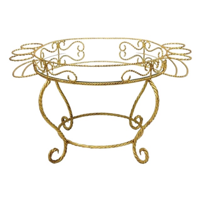 Vintage Italian Hollywood Regency Iron Gold Rope Round Mirror Top Coffee Table For Sale