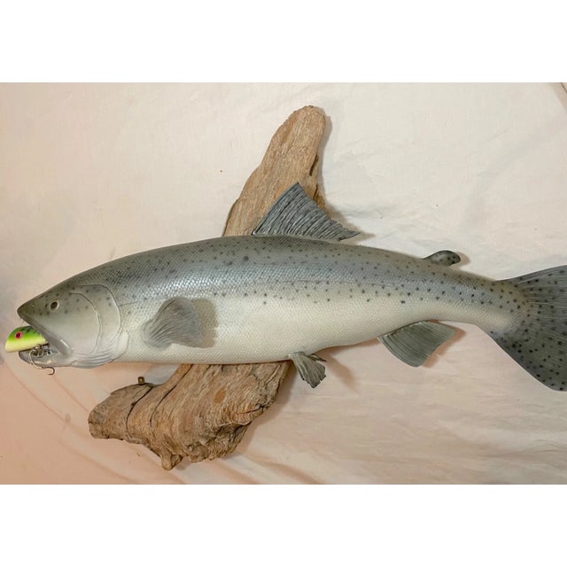 Figurative Vintage Handmade Eg Carved Wood Silver Wall Fish Mount Trophy Sculpture For Sale - Image 3 of 16