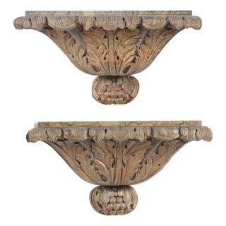 Pair of Italian Carved Giltwood Wall Brackets with Faux-Marble Tops, circa 1870 For Sale