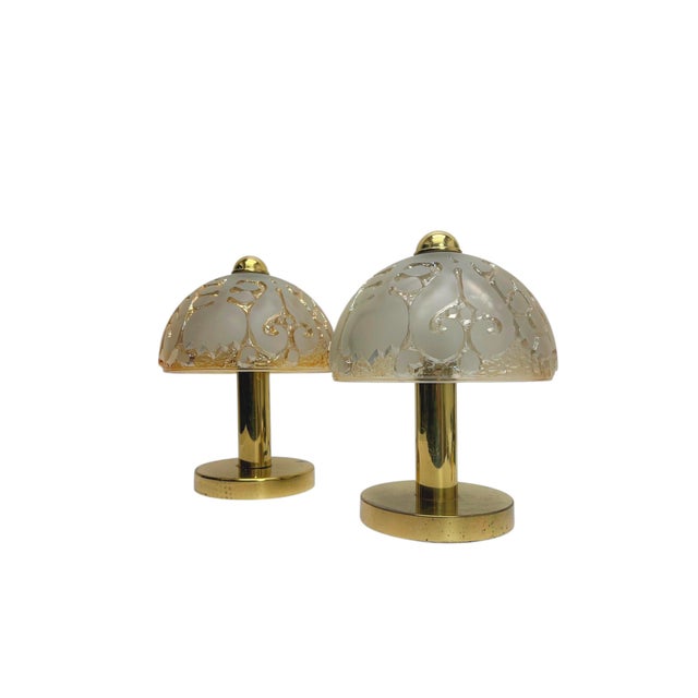 Brass and Relief Glass Mushroom Table Lamps from Peill & Putzler, 1970s, Set of 2 For Sale - Image 4 of 12