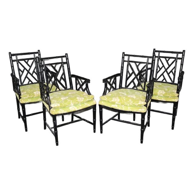 Set of 4 Faux Bamboo Chinoiserie Hollywood Regency Style Dining -All Armchairs For Sale