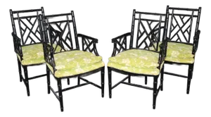 Set of 4 Faux Bamboo Chinoiserie Hollywood Regency Style Dining -All Armchairs