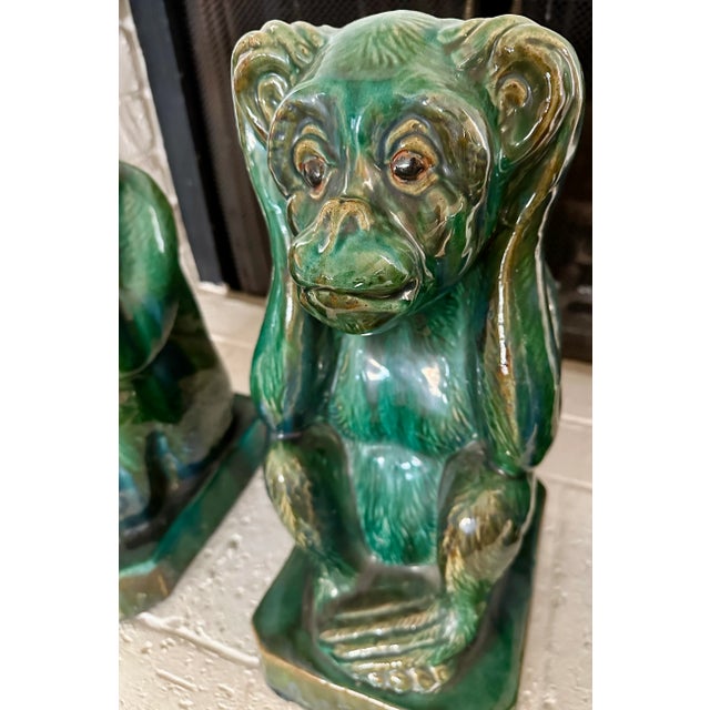 1950s Set of 3 Vintage Glazed Terra Cotta Monkey Large Monkey Garden Figures For Sale - Image 5 of 12