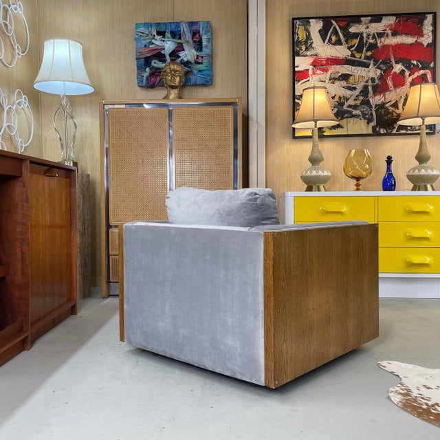 Restored 1970s Milo Baughman Style Gray Cube Chair With Wood Sides For Sale - Image 11 of 12