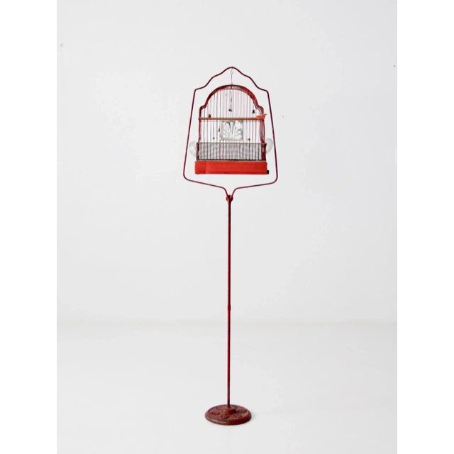 Antique Red Bird Cage with Cast Iron Stand For Sale - Image 10 of 10