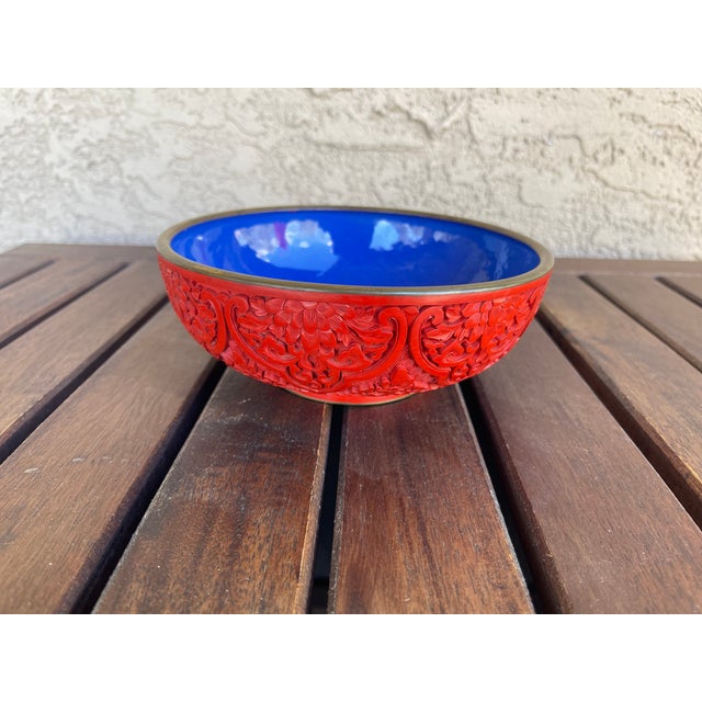 Vintage Chinese Red Cinnabar Lacquerware With Brass Rim Round Floral Bowl For Sale - Image 4 of 6
