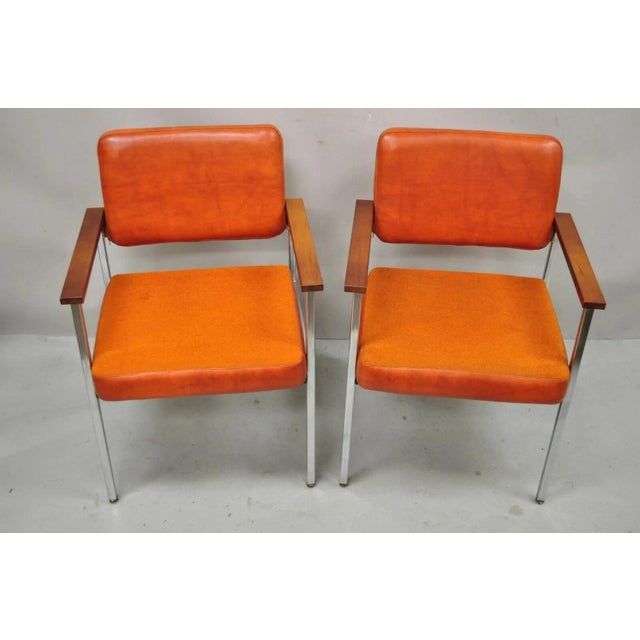 Mid-Century Modern Vintage Mid Century Modern Orange Naugahyde Chrome Arm Chairs by Malibu - A Pair For Sale - Image 3 of 12