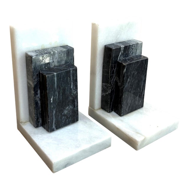 Art Deco Black/White Geometric Marble Bookends For Sale