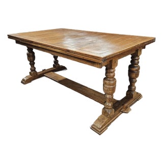 Early 1900s English Oak Drawleaf Table With Double Turned Leg Baluster Supports For Sale