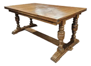 Early 1900s English Oak Drawleaf Table With Double Turned Leg Baluster Supports