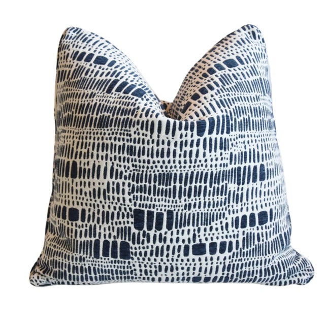 Mid-Century Modern Back & White Abstract Modern Velvety Chenille Feather/Down Pillow 23” Square For Sale - Image 3 of 5