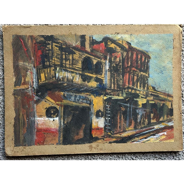 Vintage impressionist painting on board of a city street scene. Very well done. Drawing on back of board. No signature and...