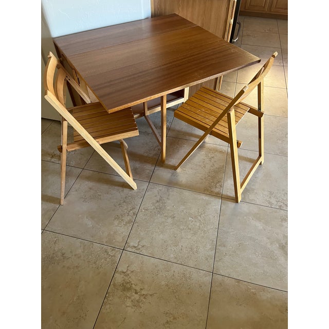 Mid-Century Modern 1950s Mid Century Danish Modern Teak Drop-Leaf Dining Table With Storage and Two Folding Chairs For Sale - Image 3 of 11