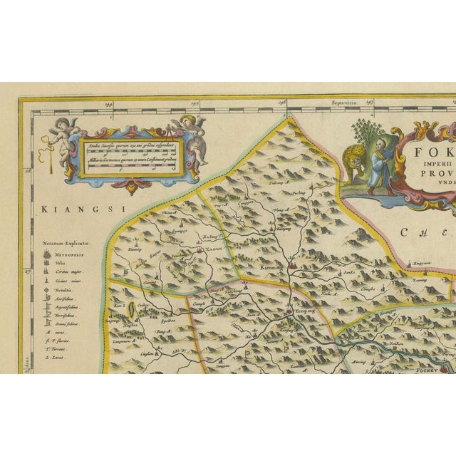 17th-Century Antique Map of Fujian Province, China – "Fokien" by Blaeu, with Decorative Cartouches : This stunning 17th-...