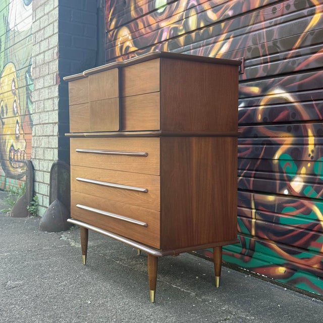 United Furniture Corporation United Mid Century Walnut and Brass Highboy Dresser For Sale - Image 4 of 12