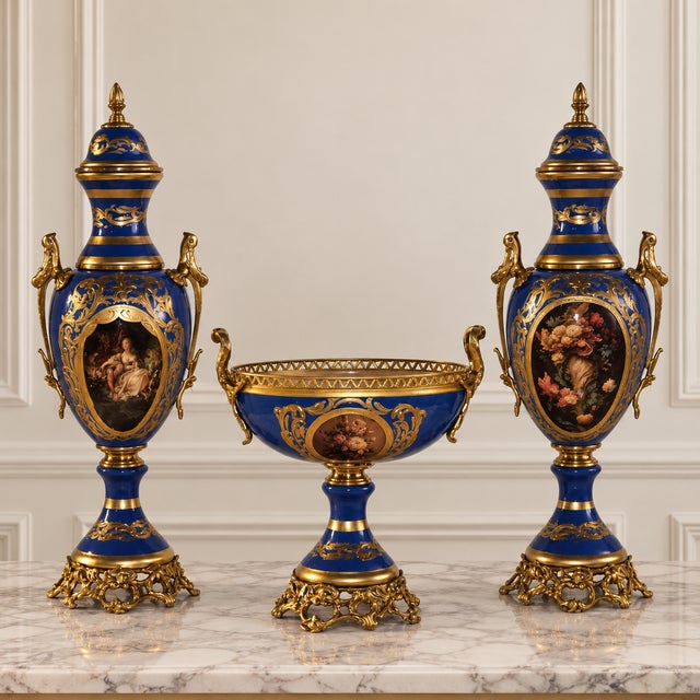 Elegant three-piece French-style porcelain garniture set featuring two matching covered vases and a coordinating central...