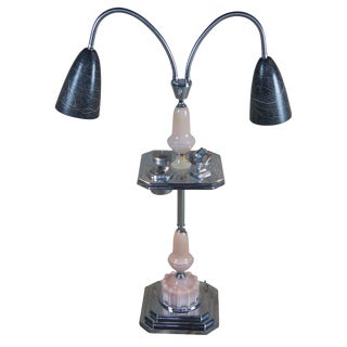 1930s Art Deco Pink Glass Chrome Smoking Table Adjustable Lights Floor Lamp Ashtray For Sale