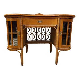 Art Nouveau Ladies Writing Desk in Oak and Rattan with Vitrine Cabinets, 1910 For Sale