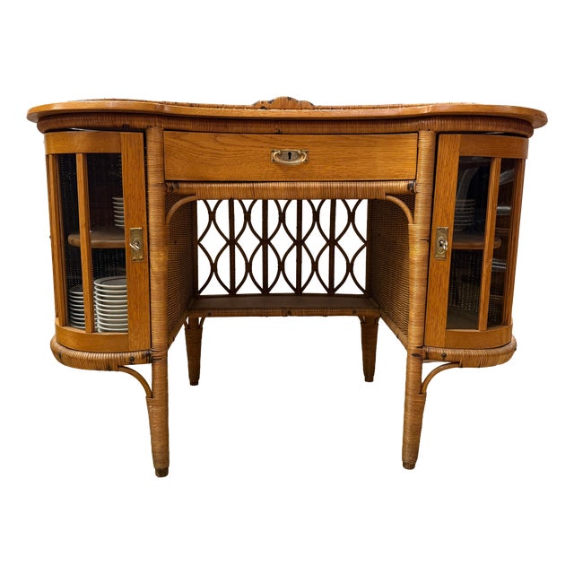 Art Nouveau Ladies Writing Desk in Oak and Rattan with Vitrine Cabinets, 1910 For Sale