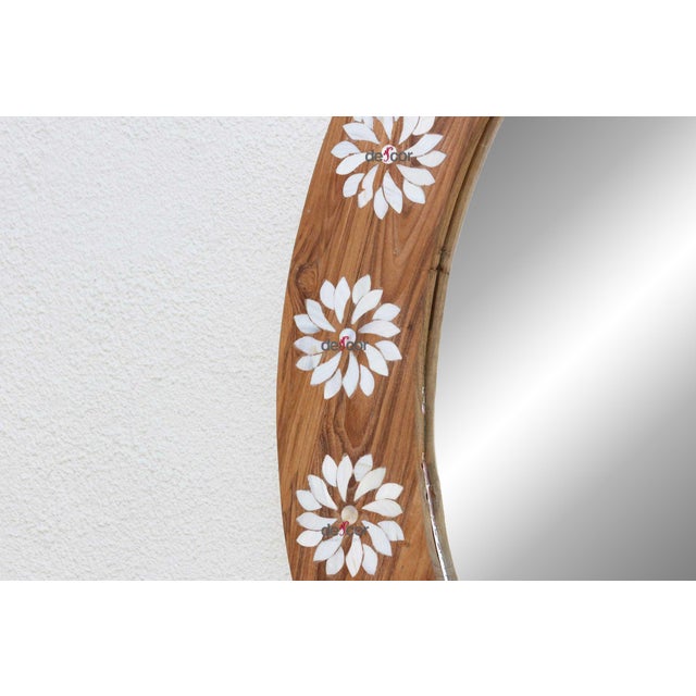 1990s Large Teak Mother of Pearl Inlay Round Mirror For Sale - Image 5 of 8