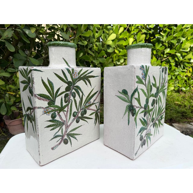 Hollywood Regency Antique Hand-Painted Olive Motif Crackle Glazed Pottery Vessels, Pair For Sale - Image 3 of 14