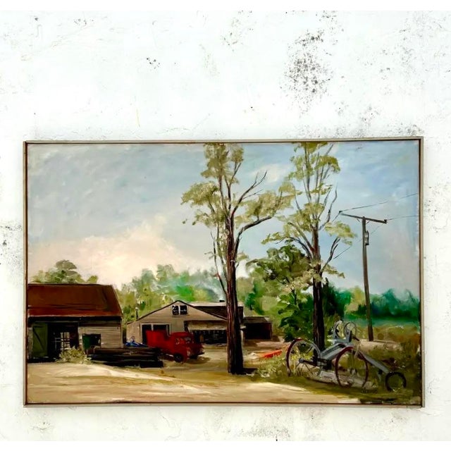 This painting captures a quiet rural scene, where a red truck and farm buildings sit beneath tall trees, their branches...