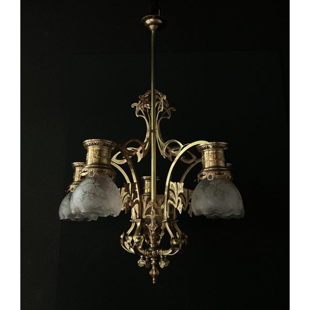 Antique Art Nouveau Chandelier in Brass and Bronze, 1890s For Sale - Image 11 of 13
