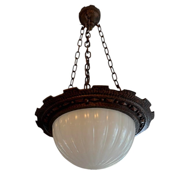 Bronze Antique Hammered Bronze Chandelier With Moonstone Cast Glass Dome For Sale - Image 8 of 8