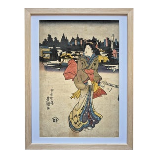 Edo Era (Ca 1845) Japanese Woodblock Print of Bijin-Ga / Geisha in Kimono by Kunisada – Newly Framed For Sale