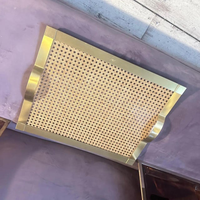 Mid-Century Modern 1970s Dior Home Style Mid-Century Modern Brass and Vienna Straw Serving Tray For Sale - Image 3 of 12