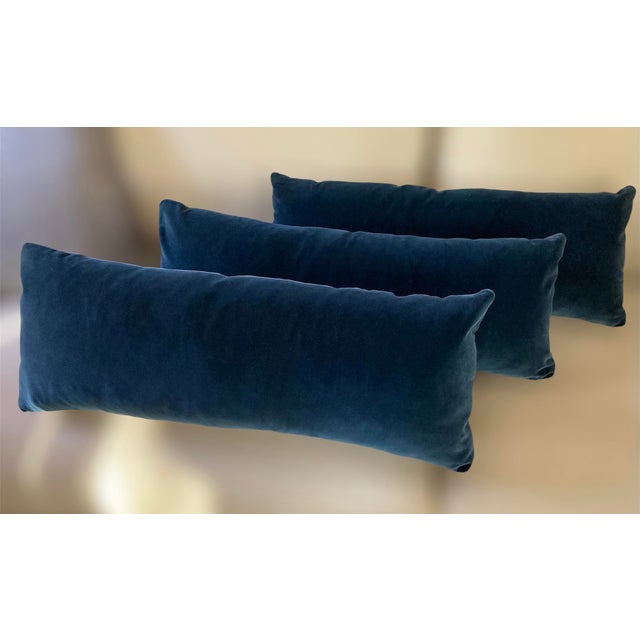 Contemporary Set of 3 Navy Blue Velvet Rectangular Lumbar Pillows With Down Inserts For Sale - Image 3 of 18
