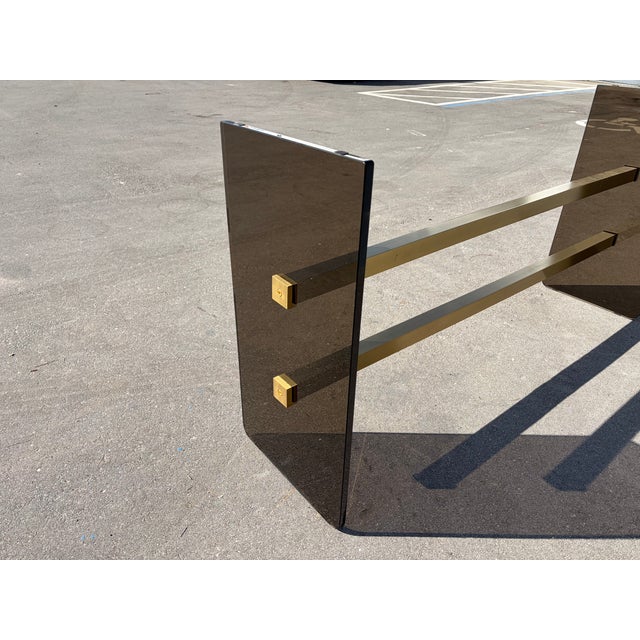 1970s Mid Century Modern Dark Glass and Brass Console Table, Sofa Table For Sale - Image 11 of 16