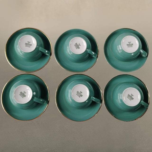 Vintage Coffee Cups in Turquoise Green Porcelain with Gold Detailing from Mitterteich Bavaria, 1950s, Set of 12 For Sale - Image 6 of 11