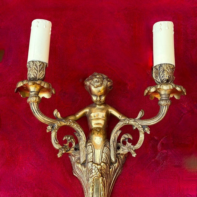 French Louis XV Style Gilt Bronze Cherub Wall Sconces, 1930, Set of 2 For Sale - Image 15 of 18