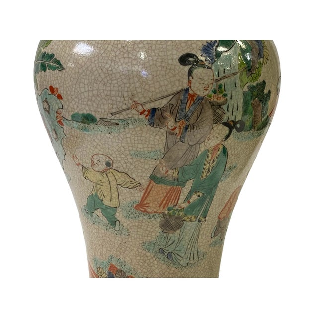 1980s Vintage Chinese Crackle Beige Color People Graphic Porcelain Vase For Sale - Image 5 of 10
