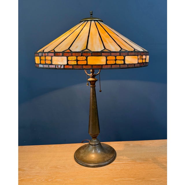 Antique Duffner & Kimberly Leaded Glass Table Lamp, Geometric Banded Shade For Sale - Image 4 of 11