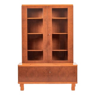 Art Deco Cherry & Burl Wood Display China or Bar Cabinet 1930s For Sale