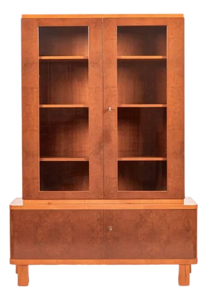 Art Deco Cherry & Burl Wood Display China or Bar Cabinet 1930s