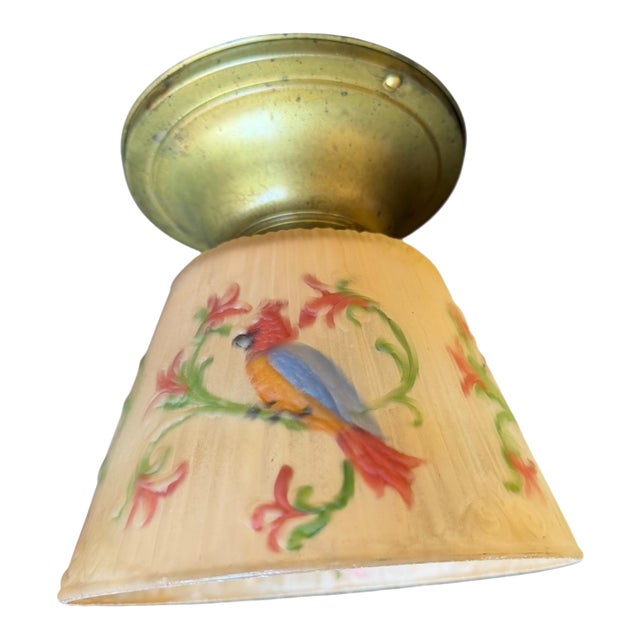 1920s Rare Reverse Painted Flushmount With Birds and Botanicals For Sale