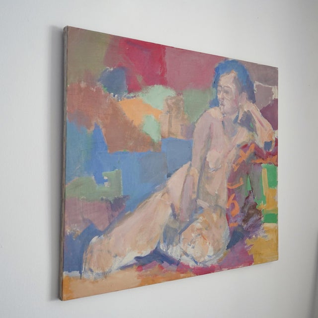 Vintage circa late 20th century modernist painting of a nude woman. Executed in an abstract expressionist style, the...